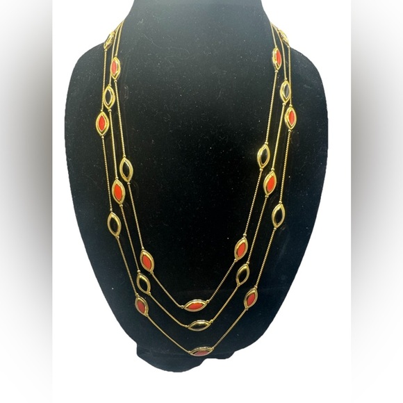3 Strand Goldtone Elliptical Stones (plastic?) Necklace Vintage. 26” On Shortest - Picture 1 of 4